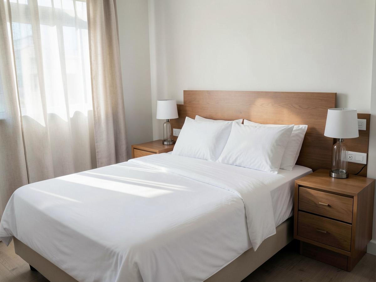 Short-term rental bedroom with crisp white linens, ready for the next guest