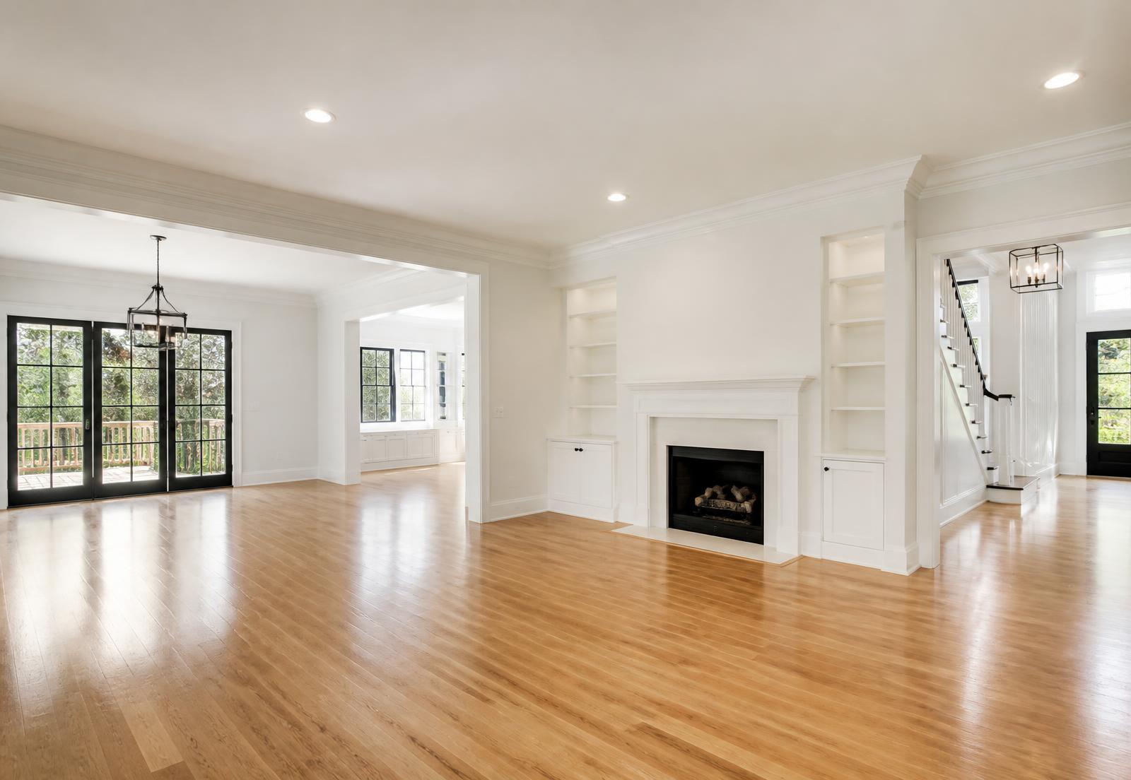 Freshly finished home interior with spotless hardwood floors after a construction final cleaning in Akron, Ohio