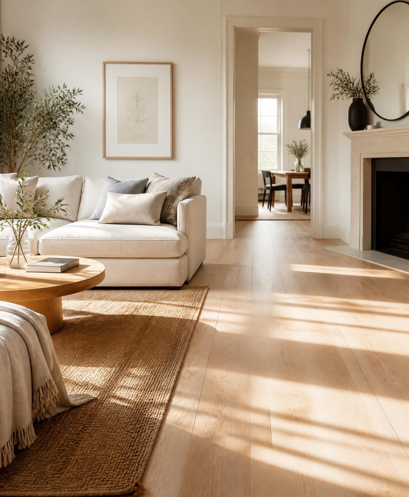 Sunlit, freshly cleaned living room with spotless wood floors in an Akron area home